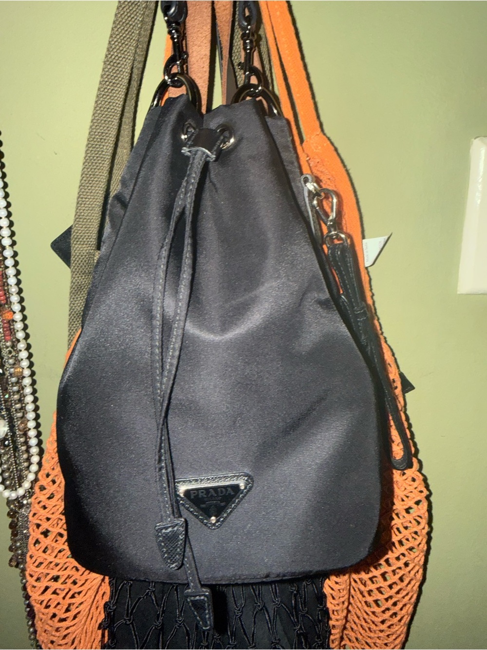 Prada Black Nylon Drawstring Bucket Shoulder Bag with Gold Logo - Picture 6 of 6